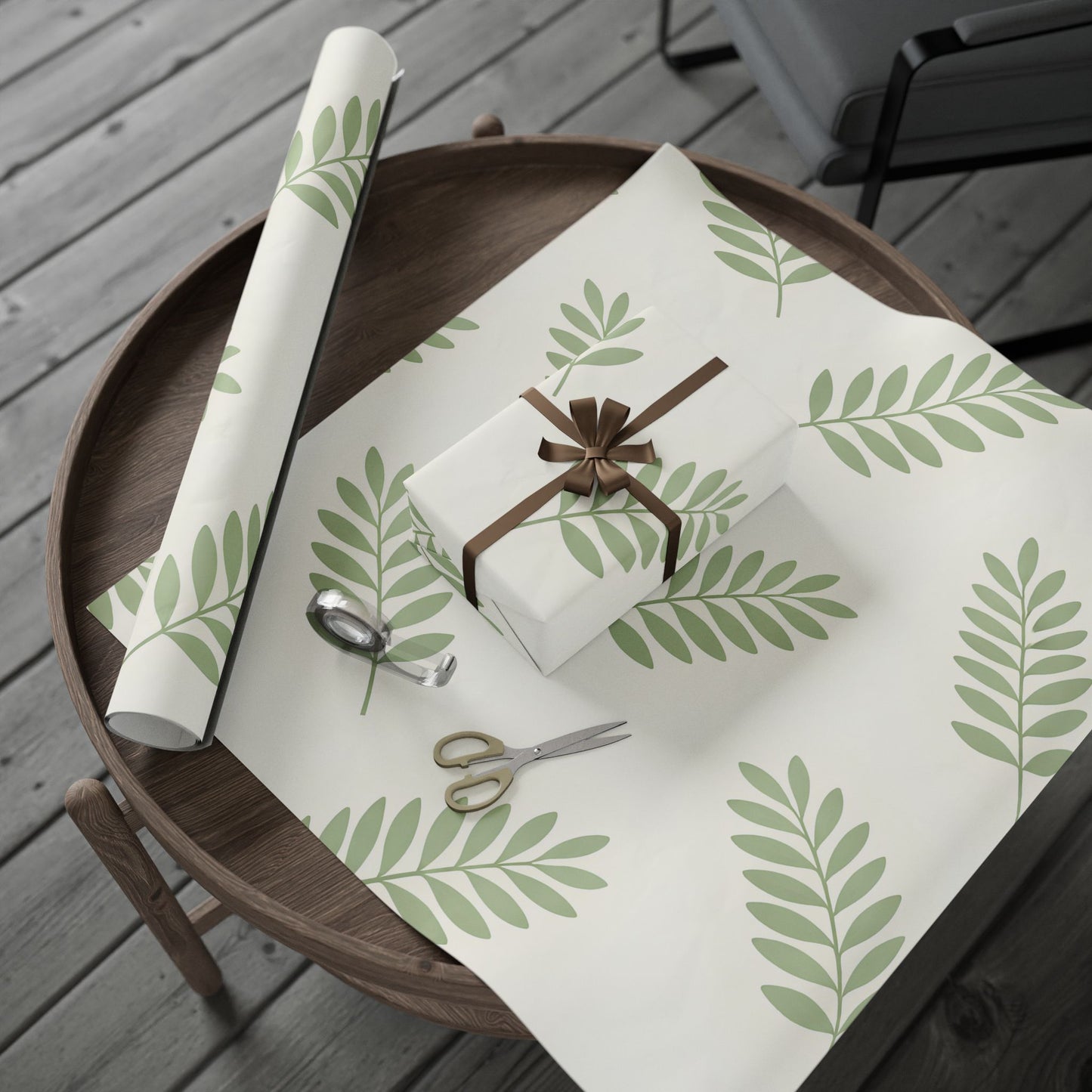 Botanical Leaf Pattern Wrapping Paper Roll — Green Foliage Gift Wrap