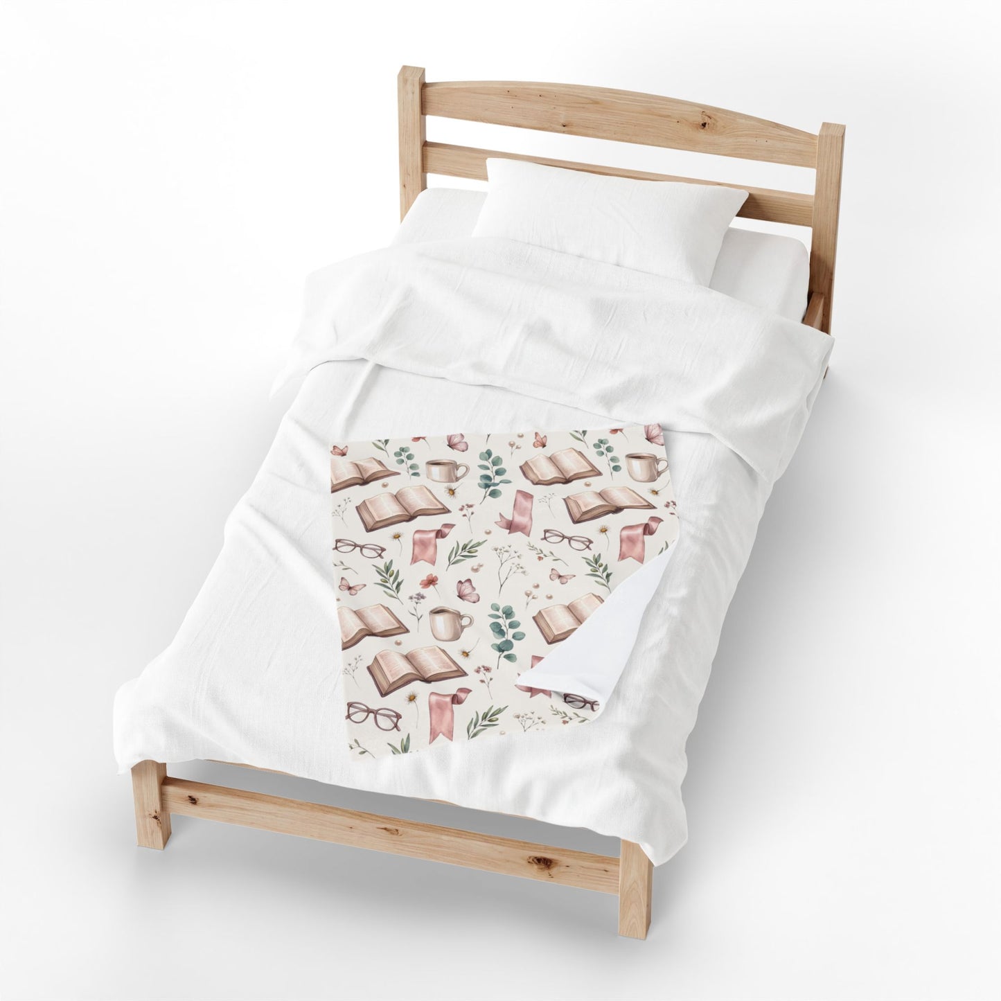 Cozy Reading Velveteen Blanket – Book, Mug & Floral Pattern Plush Throw