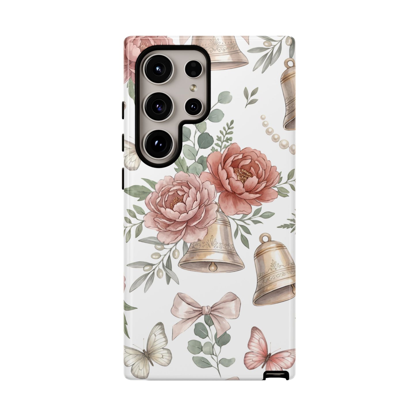 Floral Wedding Bells Phone Case — Vintage Roses, Butterflies & Bow Protective Tough Case