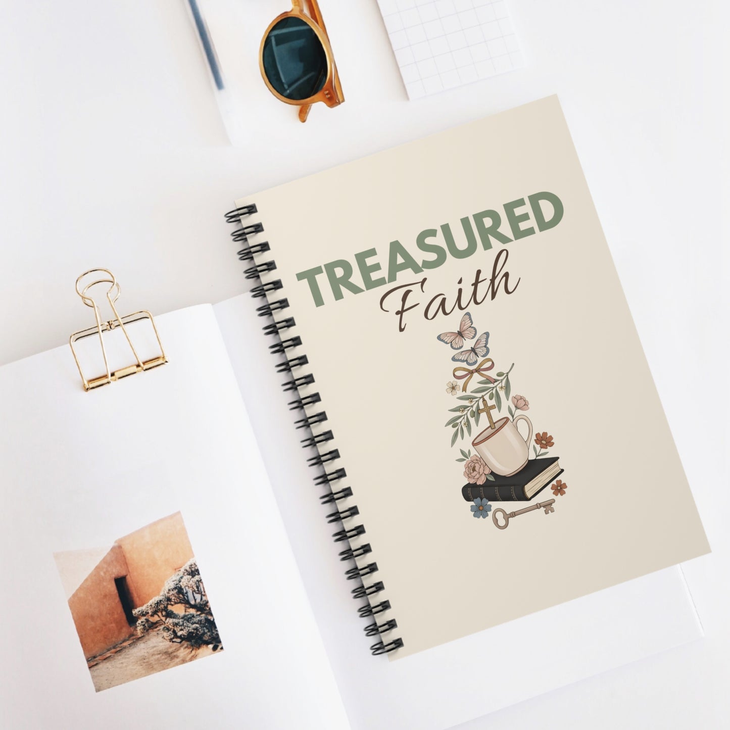 Treasured Faith Spiral Notebook — Christian Journal with Floral Cross & Scripture Motif