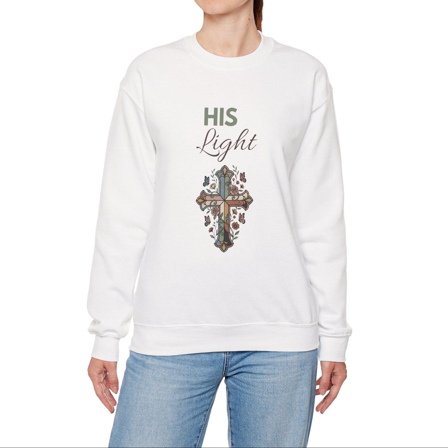His Light Crewneck Sweatshirt — Floral Cross Christian Graphic Sweatshirt