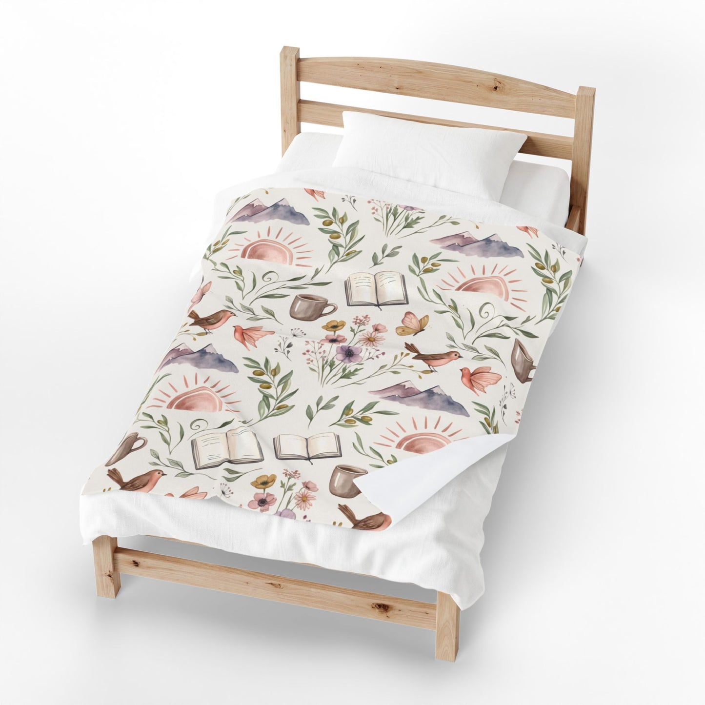 Cozy Bookish Floral Velvet Plush Blanket — Sun, Mountains & Tea Pattern