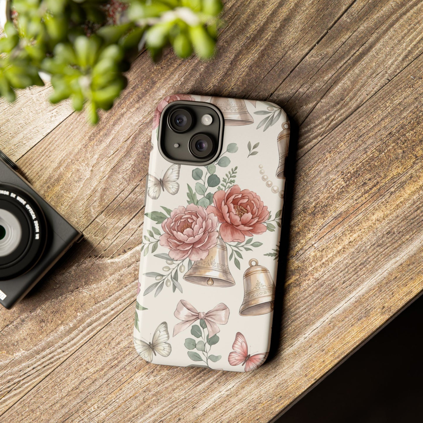 Floral Wedding Bells Phone Case — Vintage Roses, Butterflies & Bow Protective Tough Case