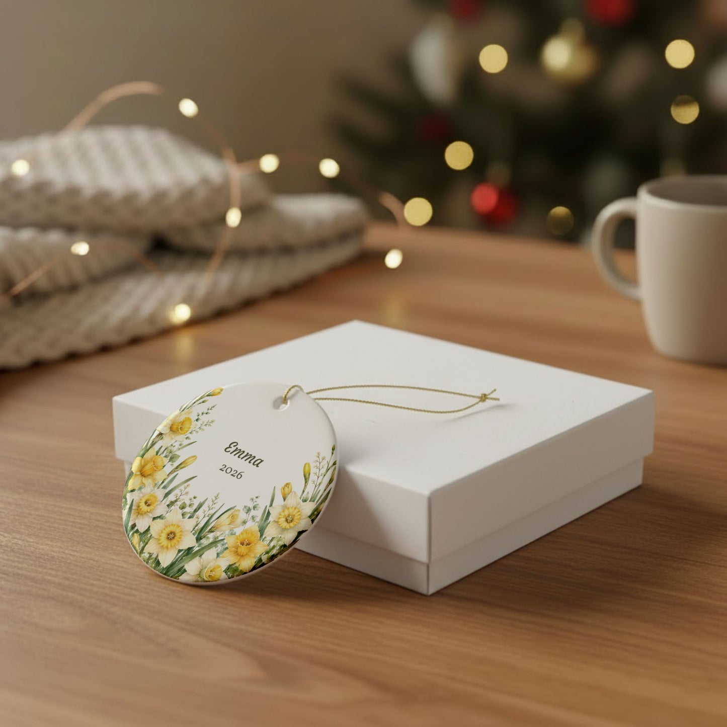 Personalized Daffodil Ceramic Ornament – Name & Year Keepsake (e.g., Emma 2026)