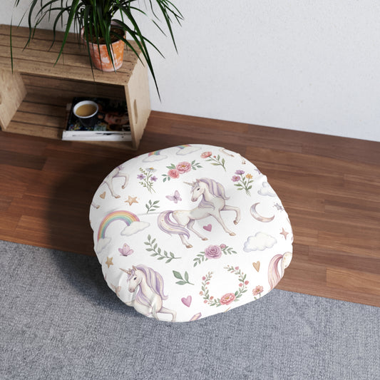 Round Tufted Floor Pillow — Pastel Unicorn & Rainbow Kids Cushion