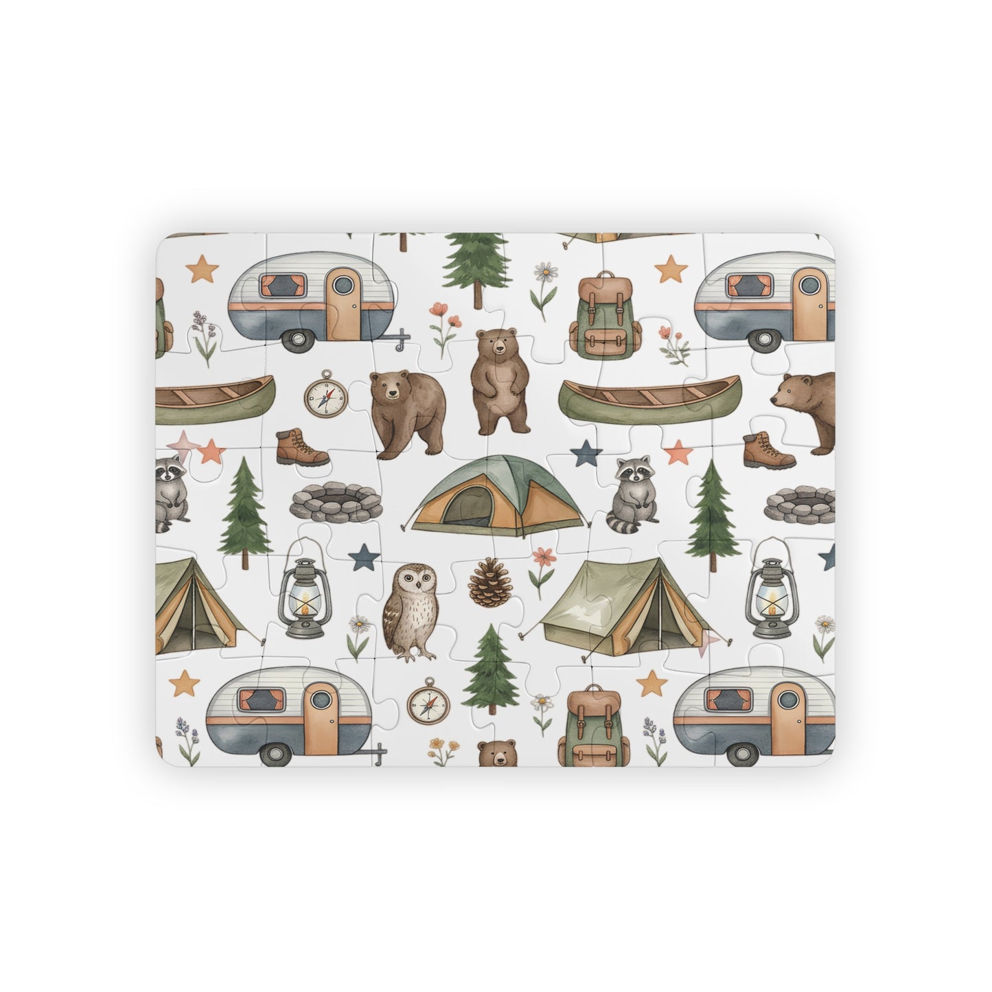 Camping Pattern Kids Puzzle — 30-Piece Toddler Jigsaw with Bears, Tents & Campers
