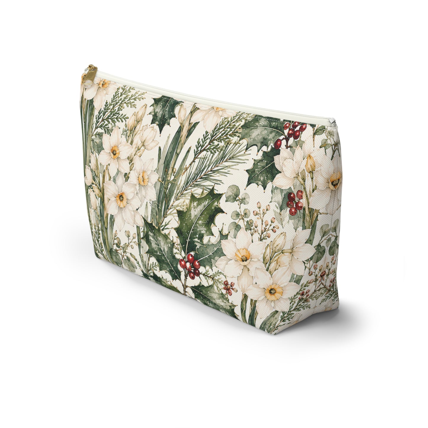 Floral Winter Accessory Pouch — Holiday Daffodil & Holly Makeup Bag