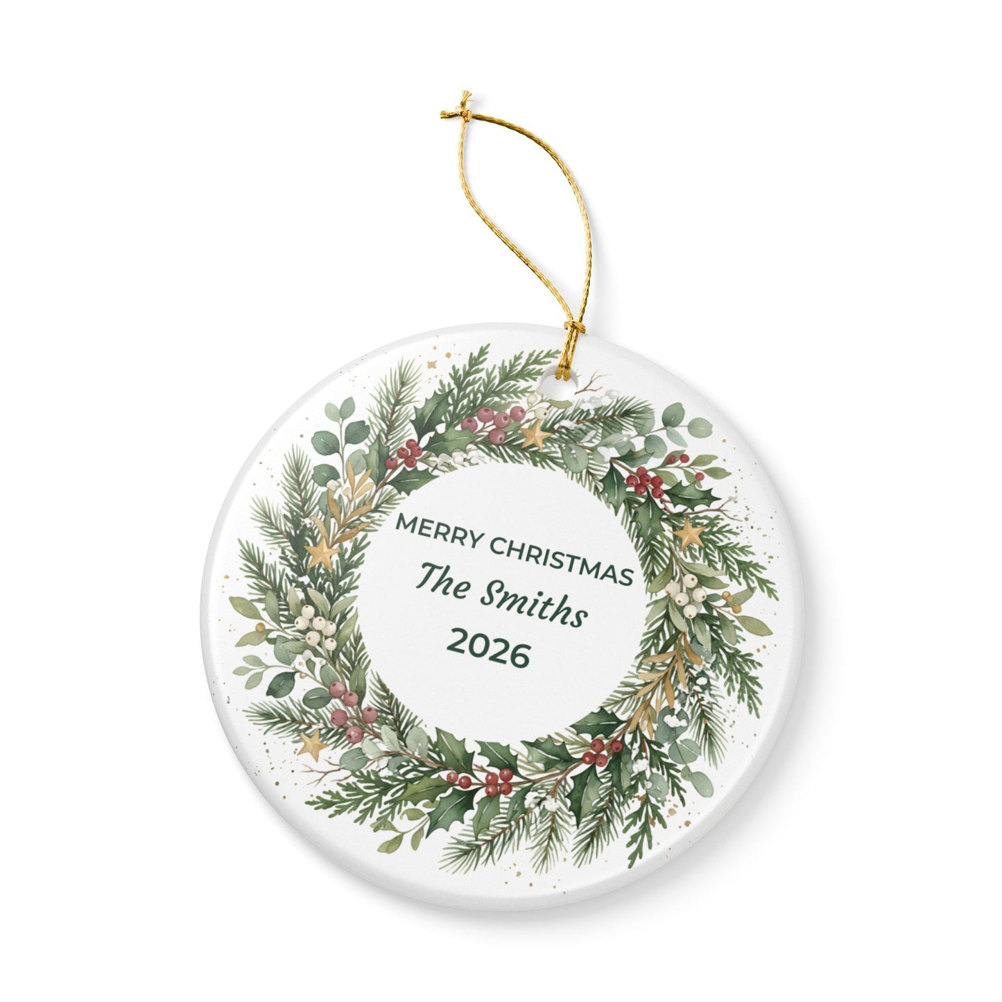 Personalized Ceramic Christmas Ornament – Green Holiday Wreath, 'Merry Christmas The Smiths'