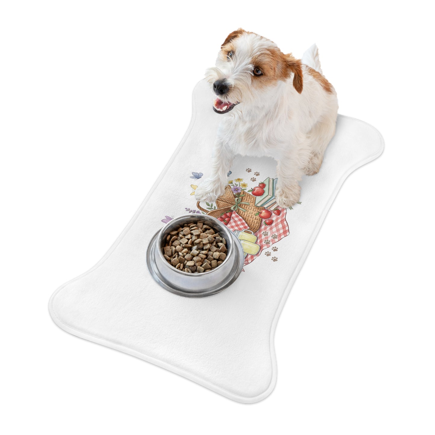 Picnic Basket Pet Feeding Mat — Cute Floral & Butterfly Dog Bowl Placemat