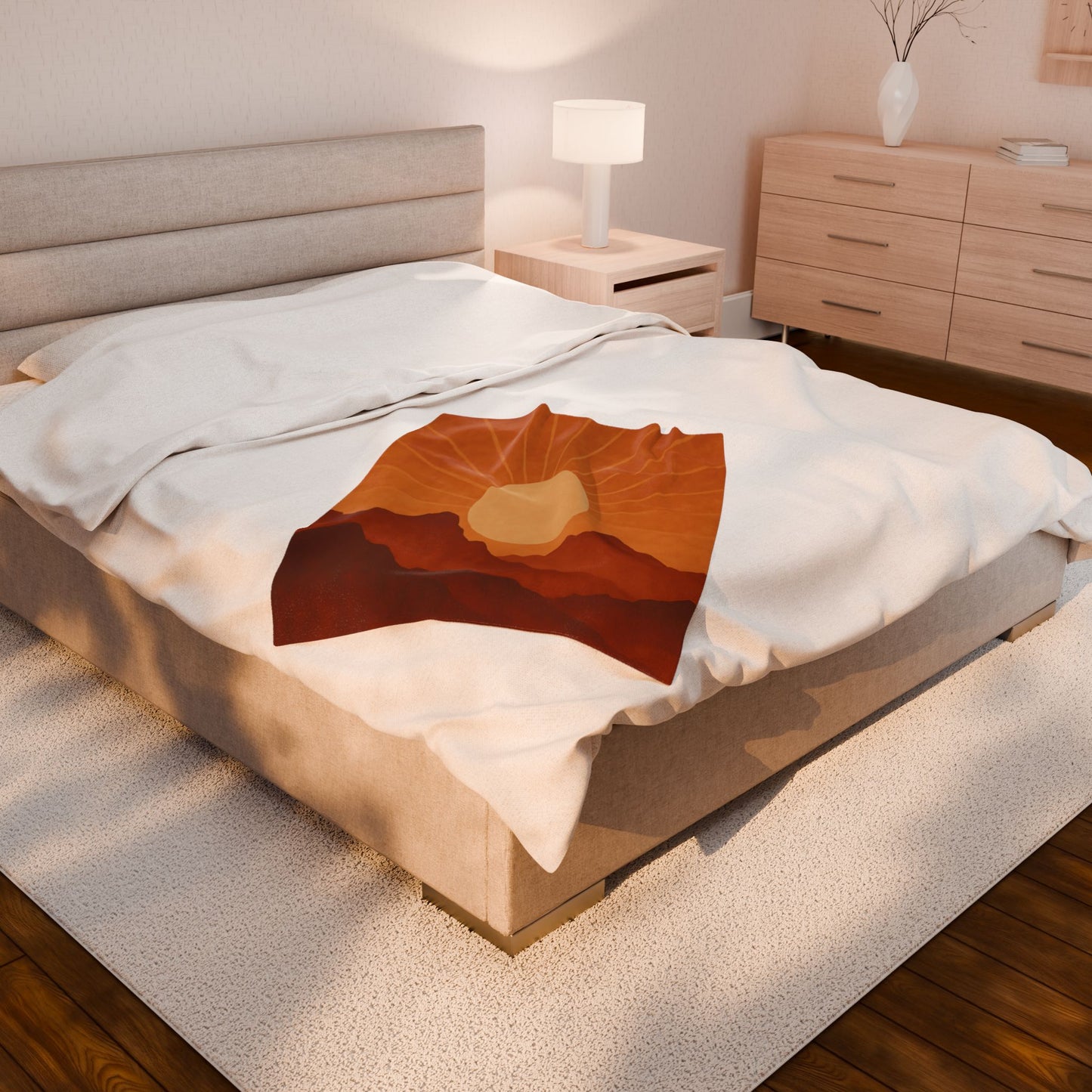 Desert Sunset Mountains Velveteen Plush Blanket – Burnt Orange & Terracotta Landscape Throw