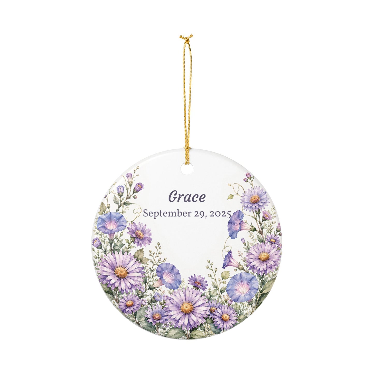 Personalized Ceramic Ornament — Purple Wildflower Memorial or Keepsake Ornament (Name & Date)