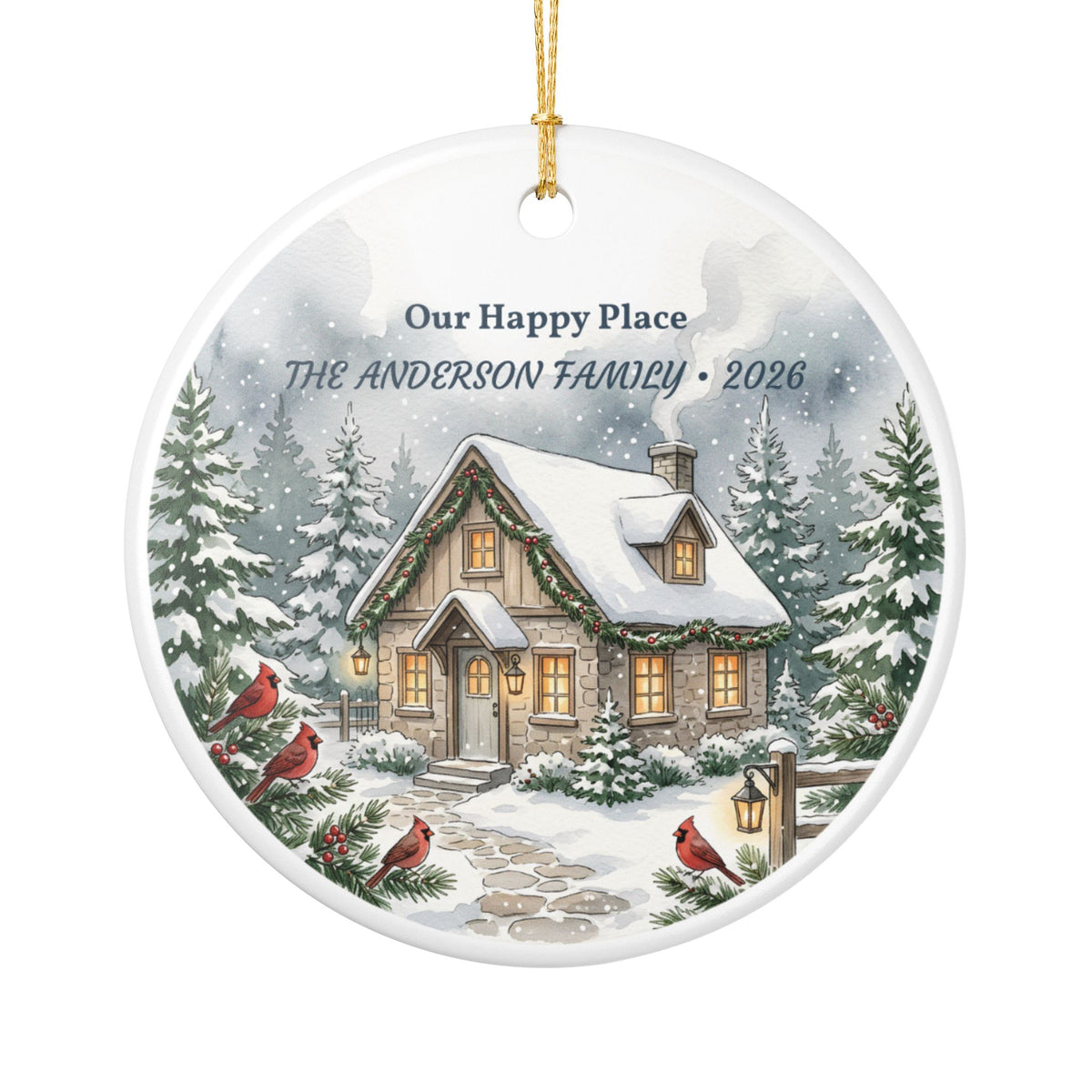 Personalized Ceramic Christmas Ornament – “Our Happy Place” Snowy Cottage with Family Name & Year