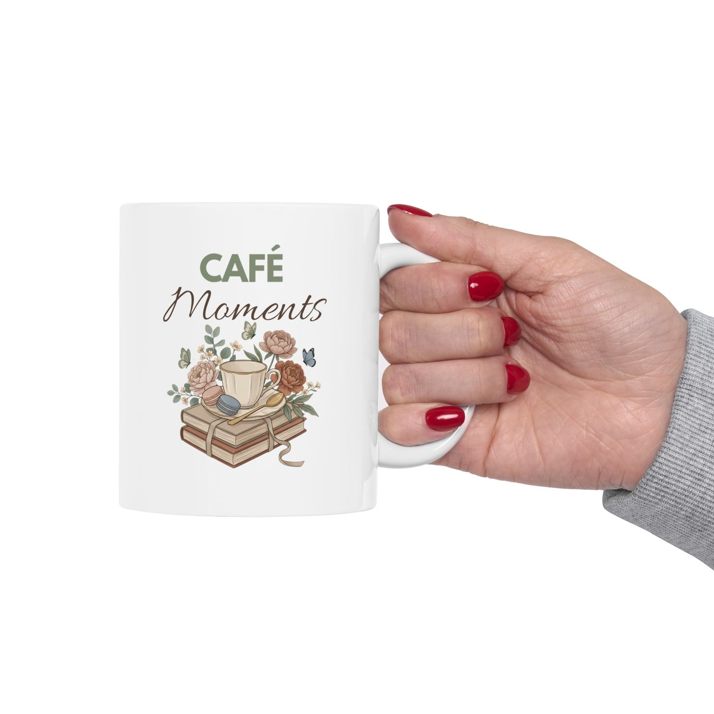 Café Moments Ceramic Coffee Mug – Coffee Lover Gift – Floral Book Lover Coffee Cup – Cozy Café Mug – 11oz & 15oz