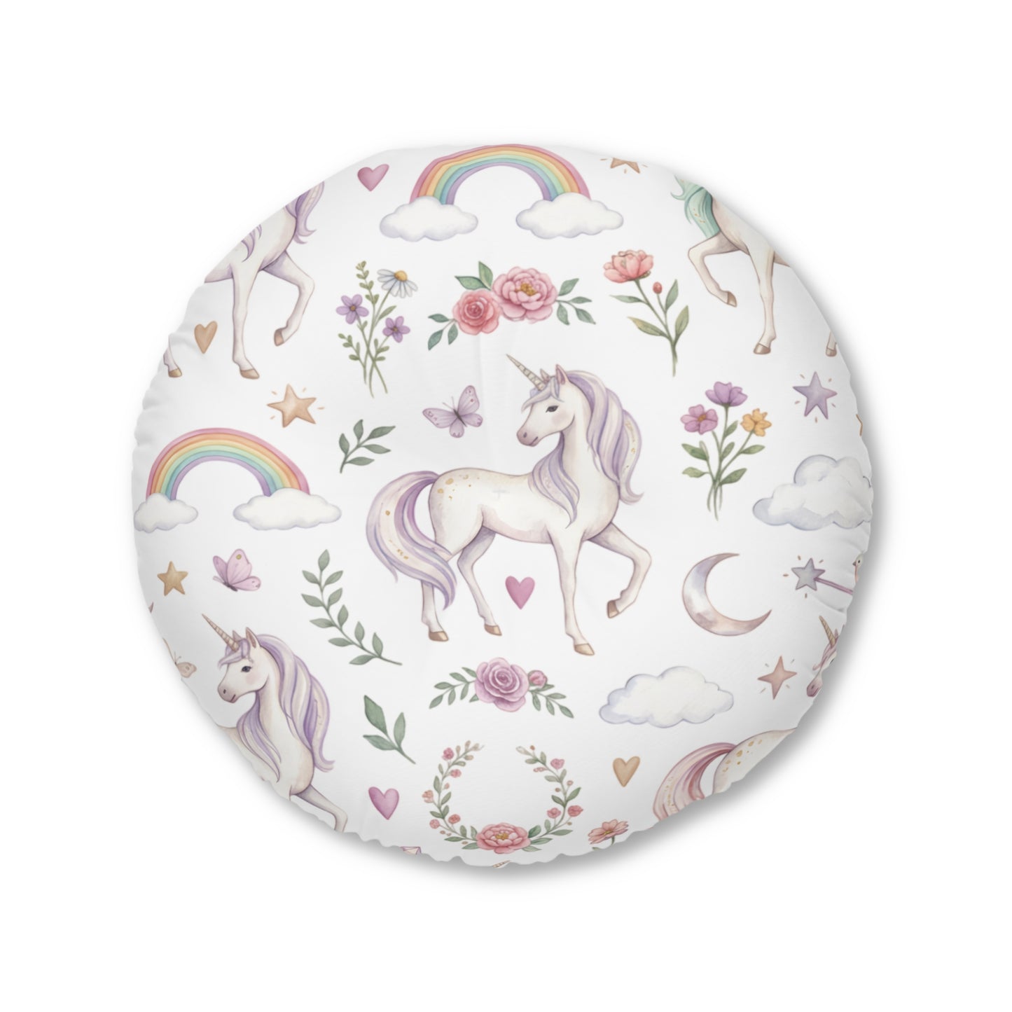 Round Tufted Floor Pillow — Pastel Unicorn & Rainbow Kids Cushion