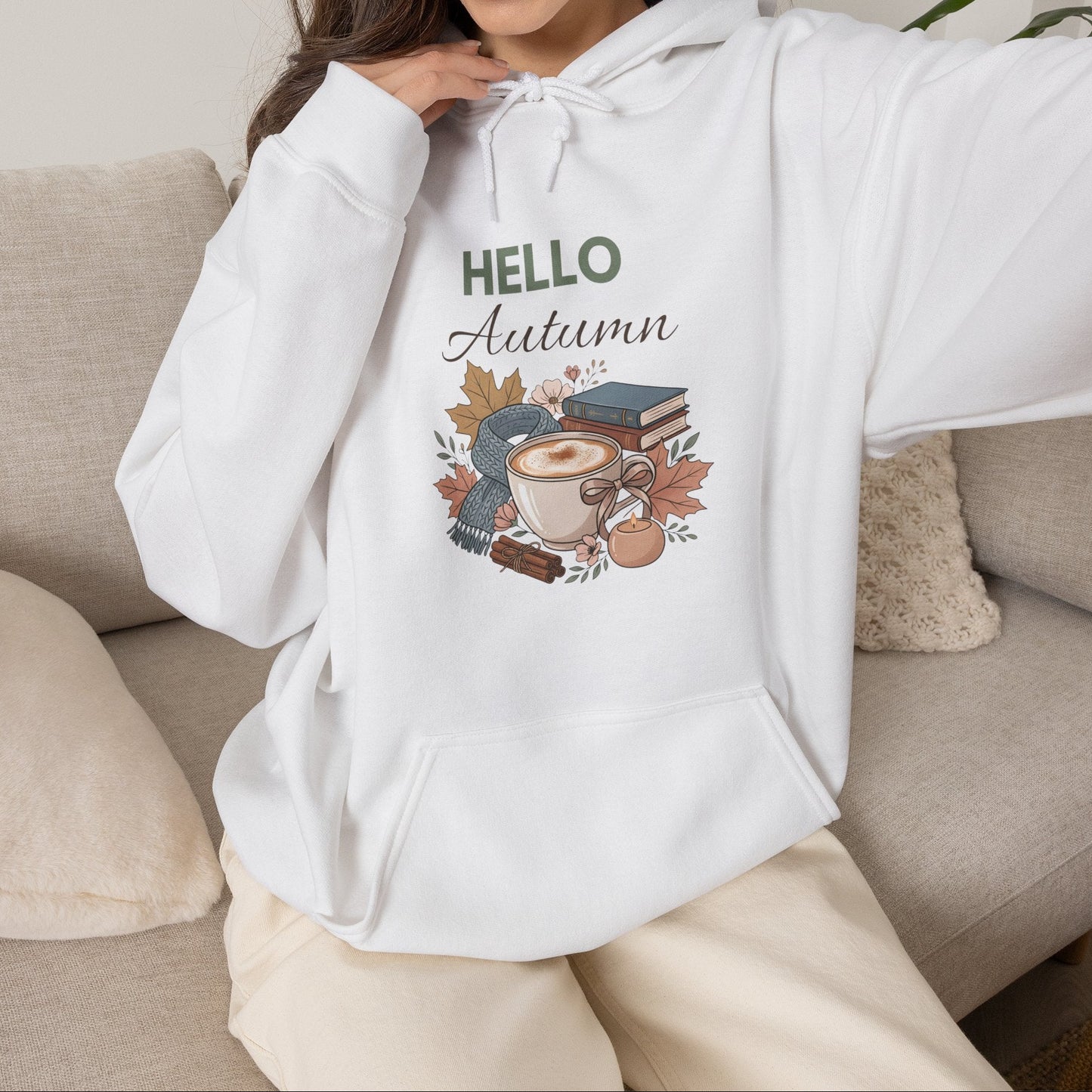Hello Autumn Hoodie – Cozy Fall Coffee & Leaves Sweatshirt