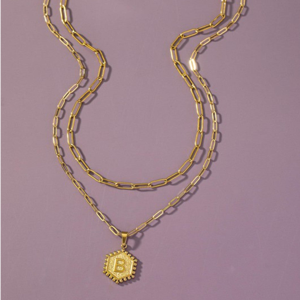 Two Row Brass Double-Sided Hexagon Initial B Necklace