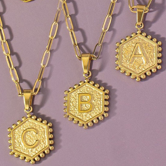 Two Row Brass Double-Sided Hexagon Initial Necklaces