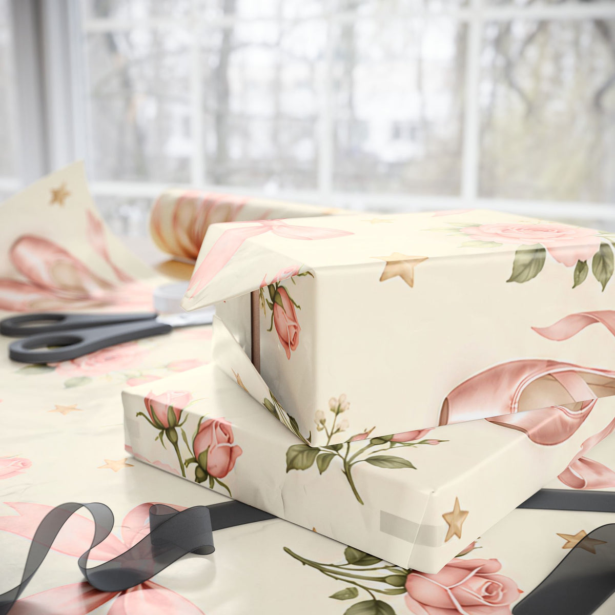 Vintage Ballet Floral Wrapping Paper Roll — Pink Shoes & Roses Gift Wrap