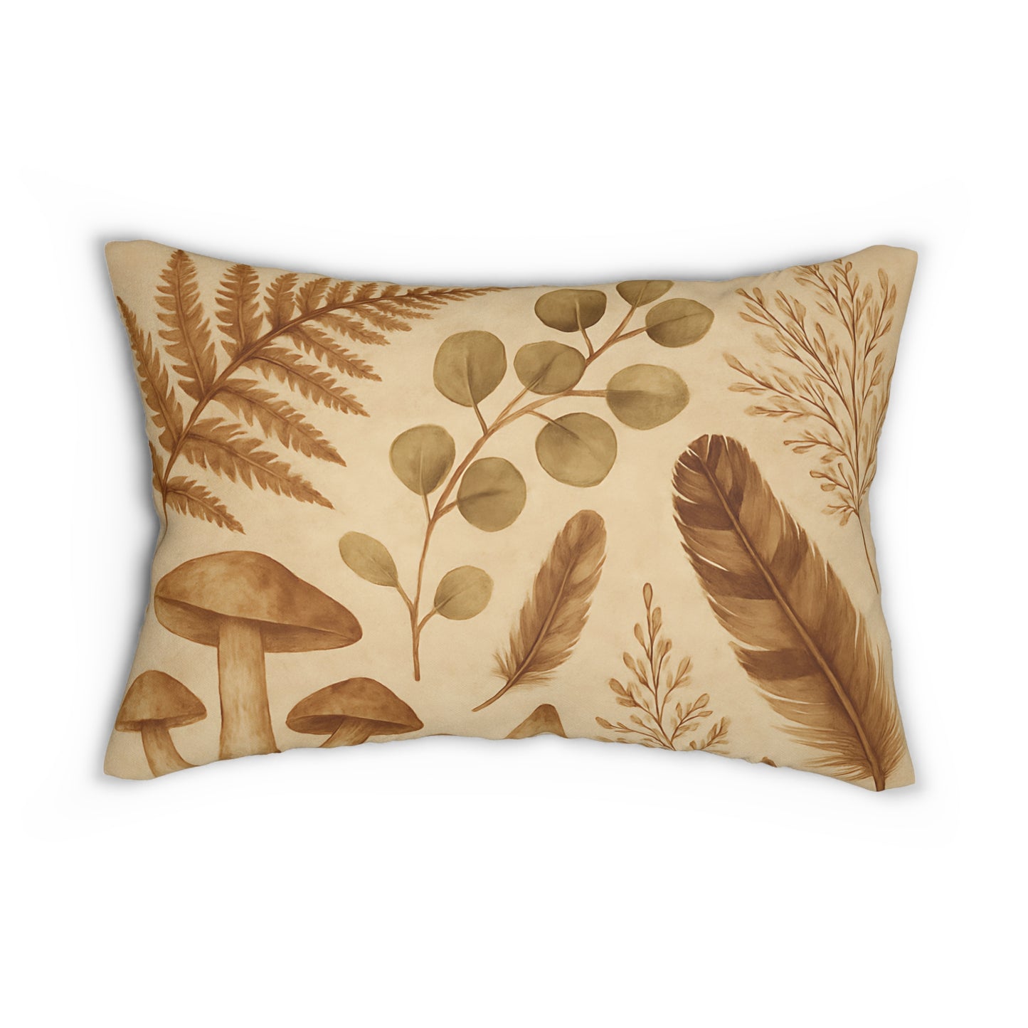 Botanical Mushroom & Fern Lumbar Pillow – Nature-Inspired Neutral Accent