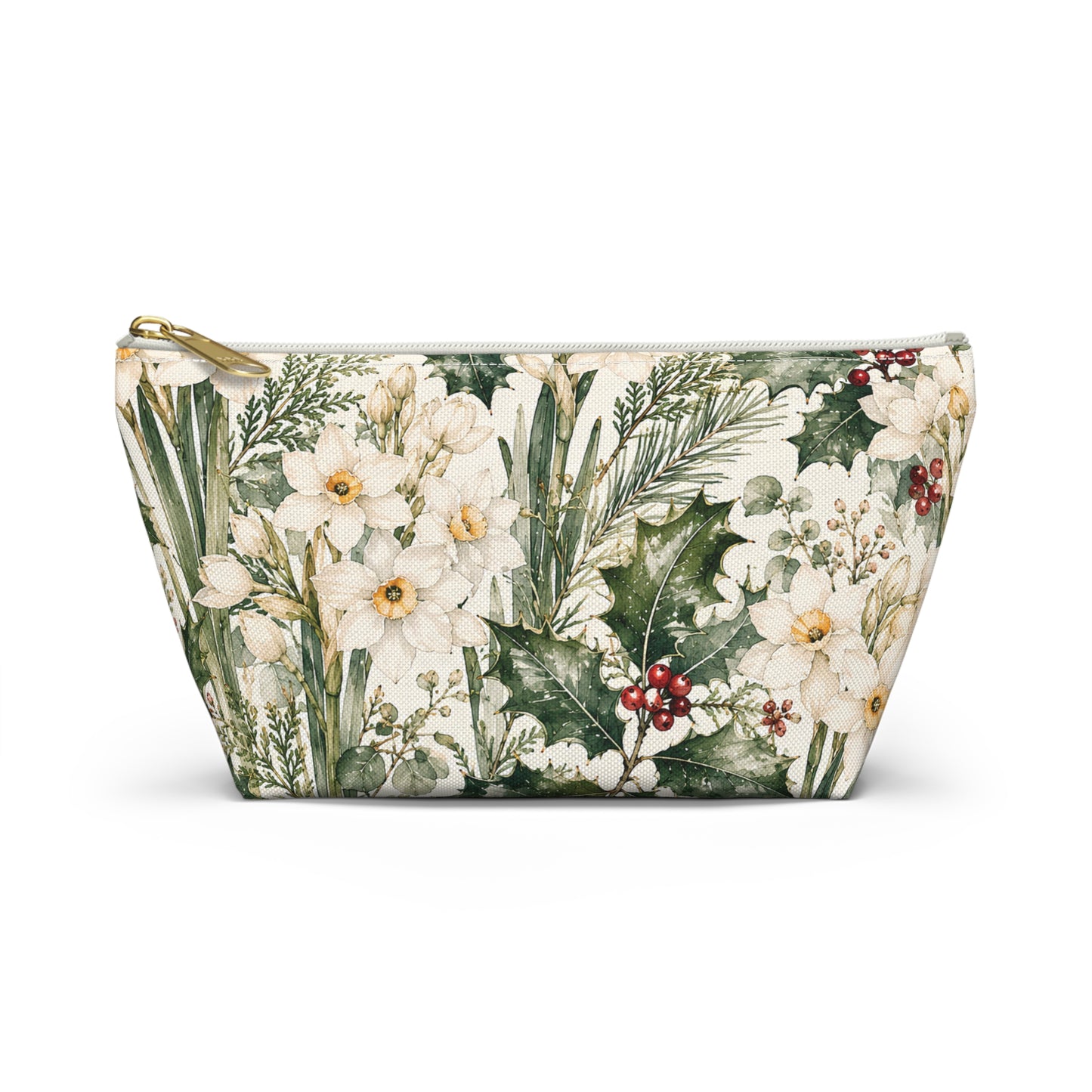 Floral Winter Accessory Pouch — Holiday Daffodil & Holly Makeup Bag