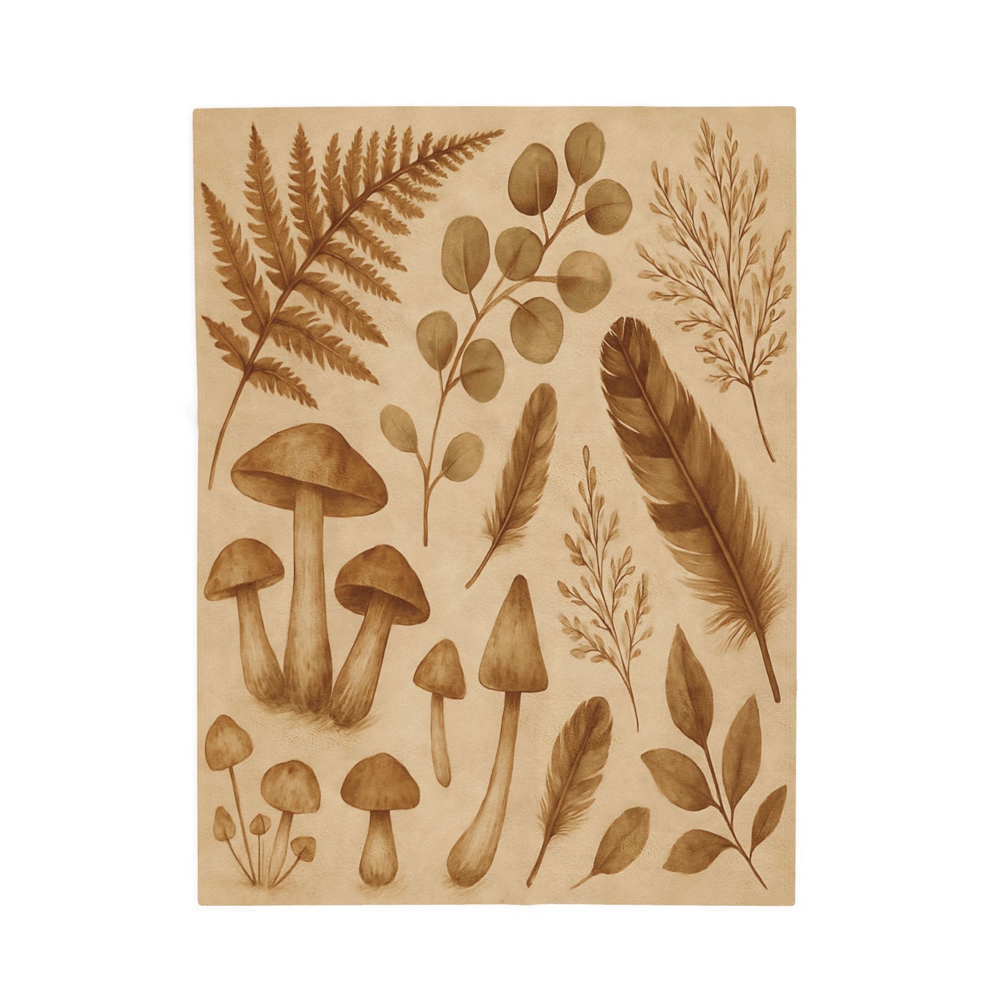 Botanical Mushroom & Fern Plush Blanket - Earthy Nature-Inspired Throw