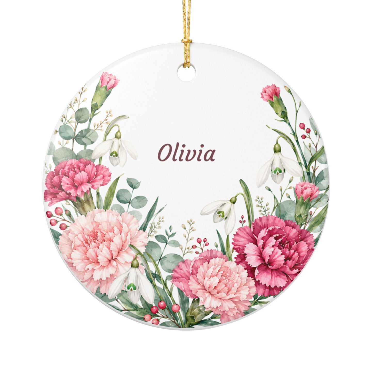 Personalized Floral Ornament - Custom Name Ceramic Holiday Decoration