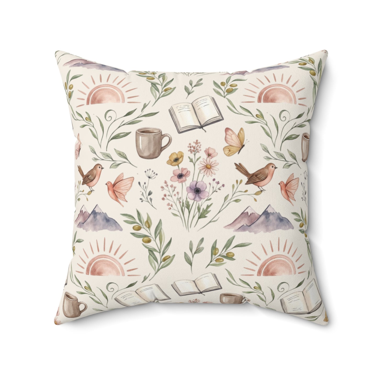 Cozy Book & Coffee Throw Pillow — Mountain Floral Reading Accent