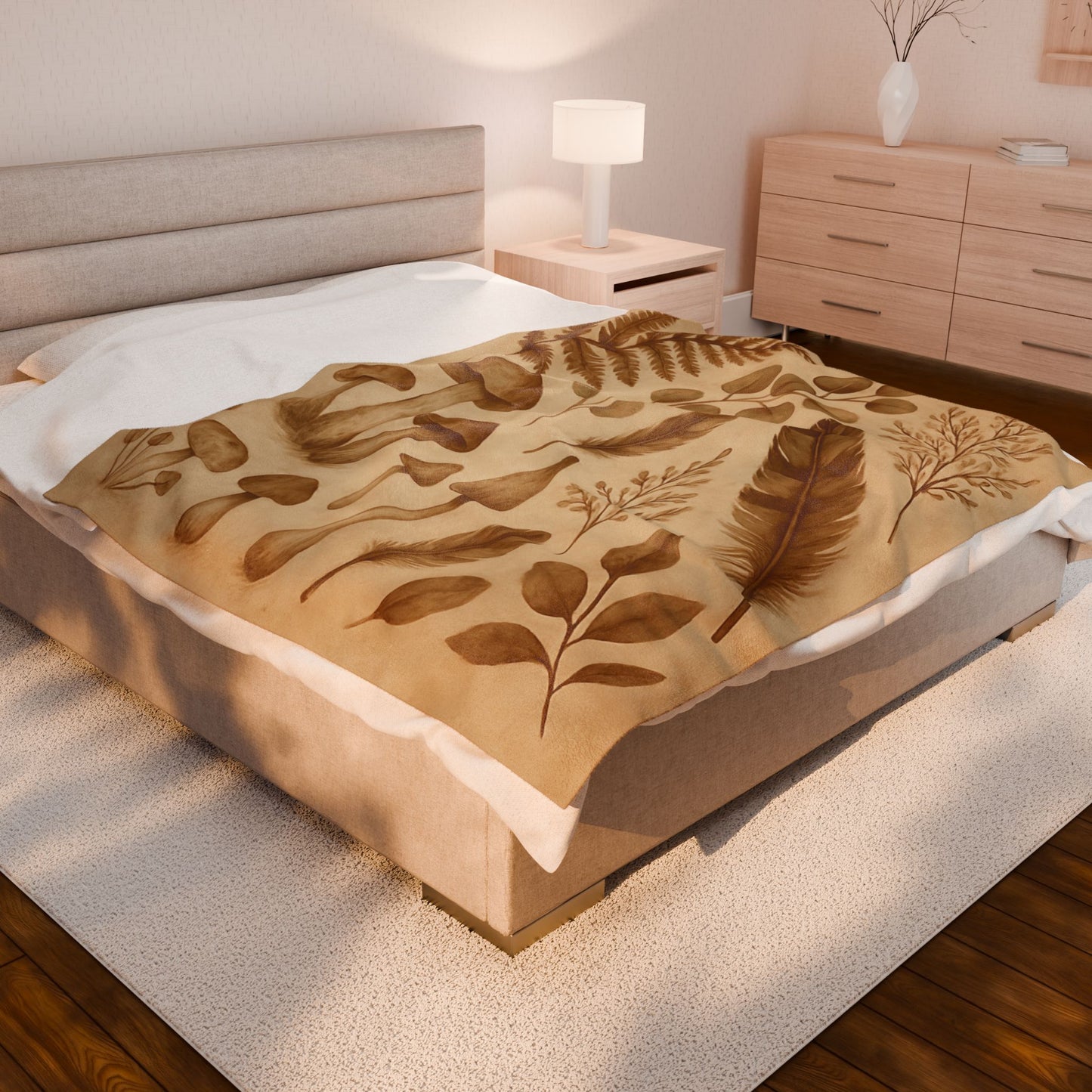 Botanical Mushroom & Fern Plush Blanket - Earthy Nature-Inspired Throw