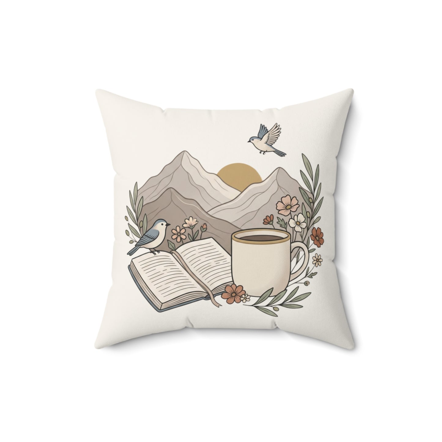 Cozy Book & Coffee Throw Pillow — Mountain Floral Reading Accent