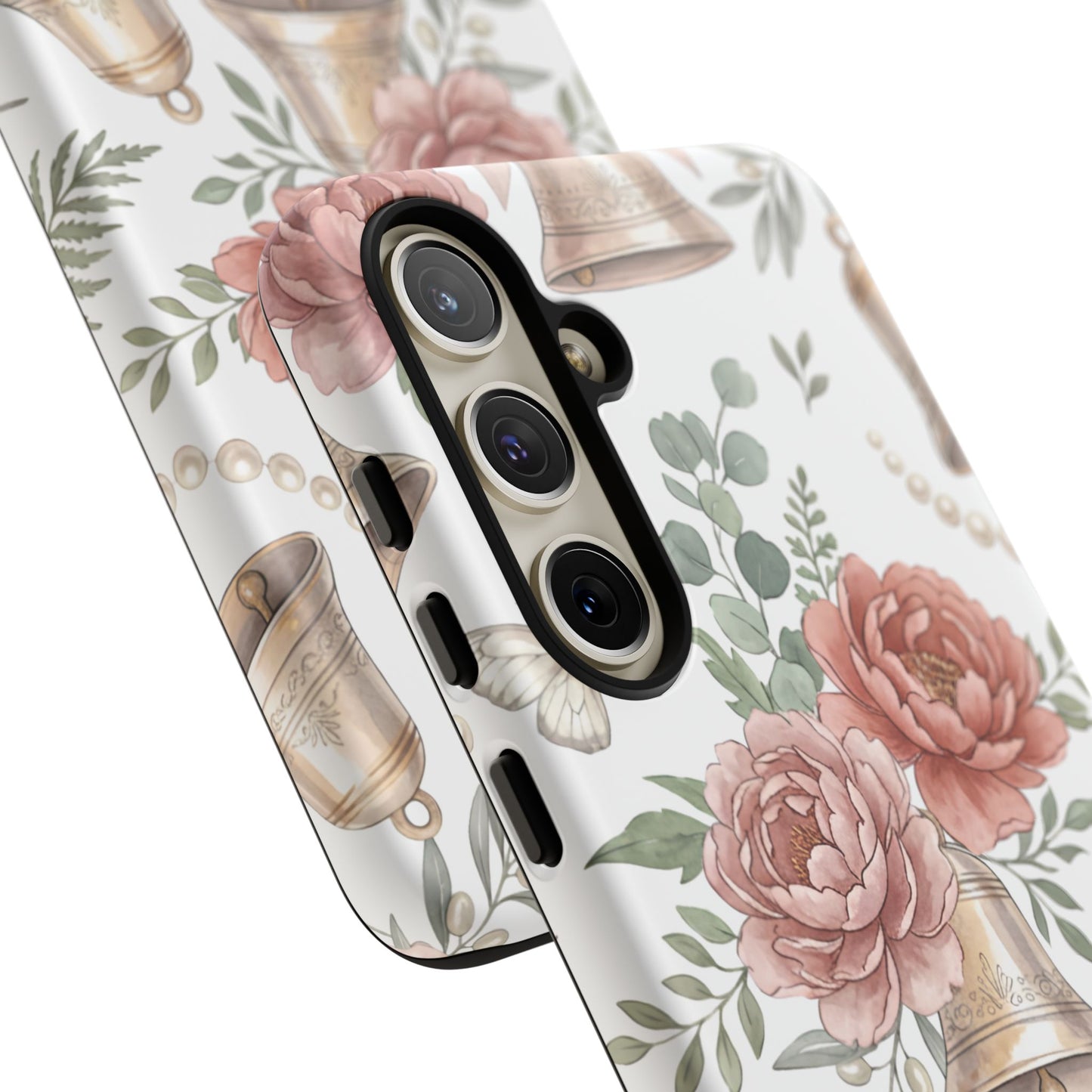 Floral Wedding Bells Phone Case — Vintage Roses, Butterflies & Bow Protective Tough Case