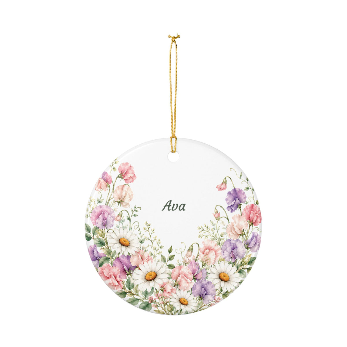 Personalized Floral Ceramic Ornament — Custom Name Daisies & Wildflowers