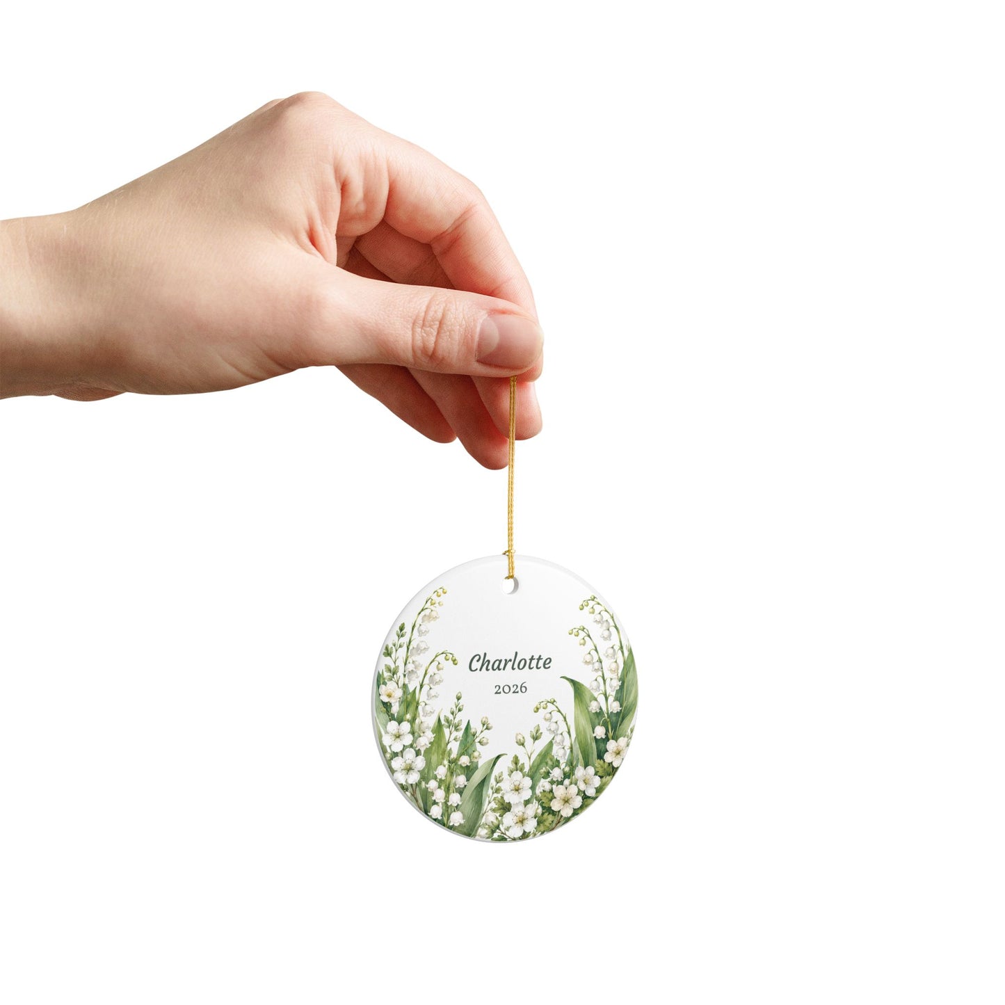Personalized Lily of the Valley Ceramic Ornament — Custom Name & Year (e.g., Charlotte 2026)