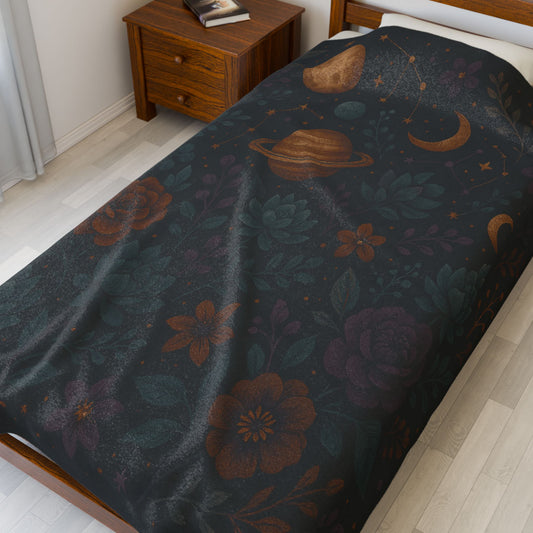 Celestial Garden Velveteen Plush Blanket – Planets, Flowers & Stars Design
