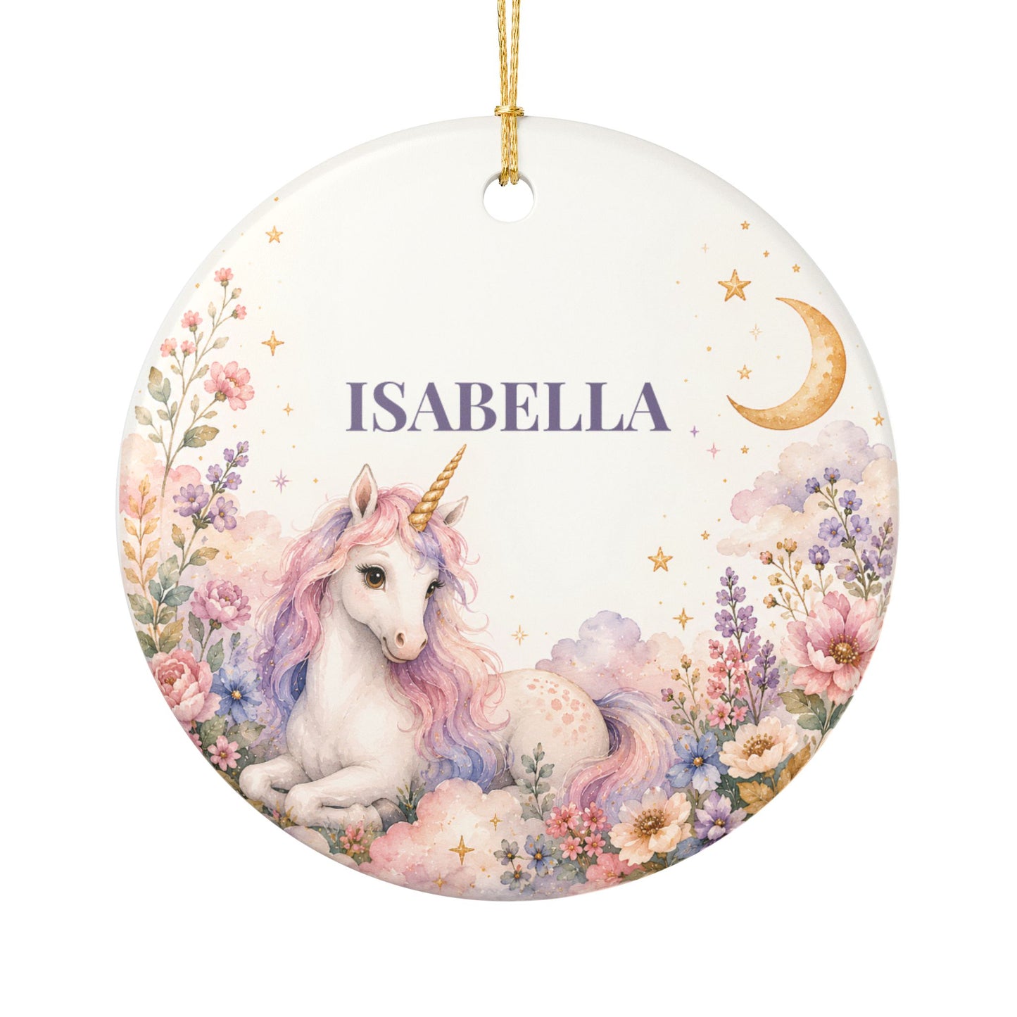 Personalized Unicorn Ornament — Ceramic Name Decoration (Isabella)