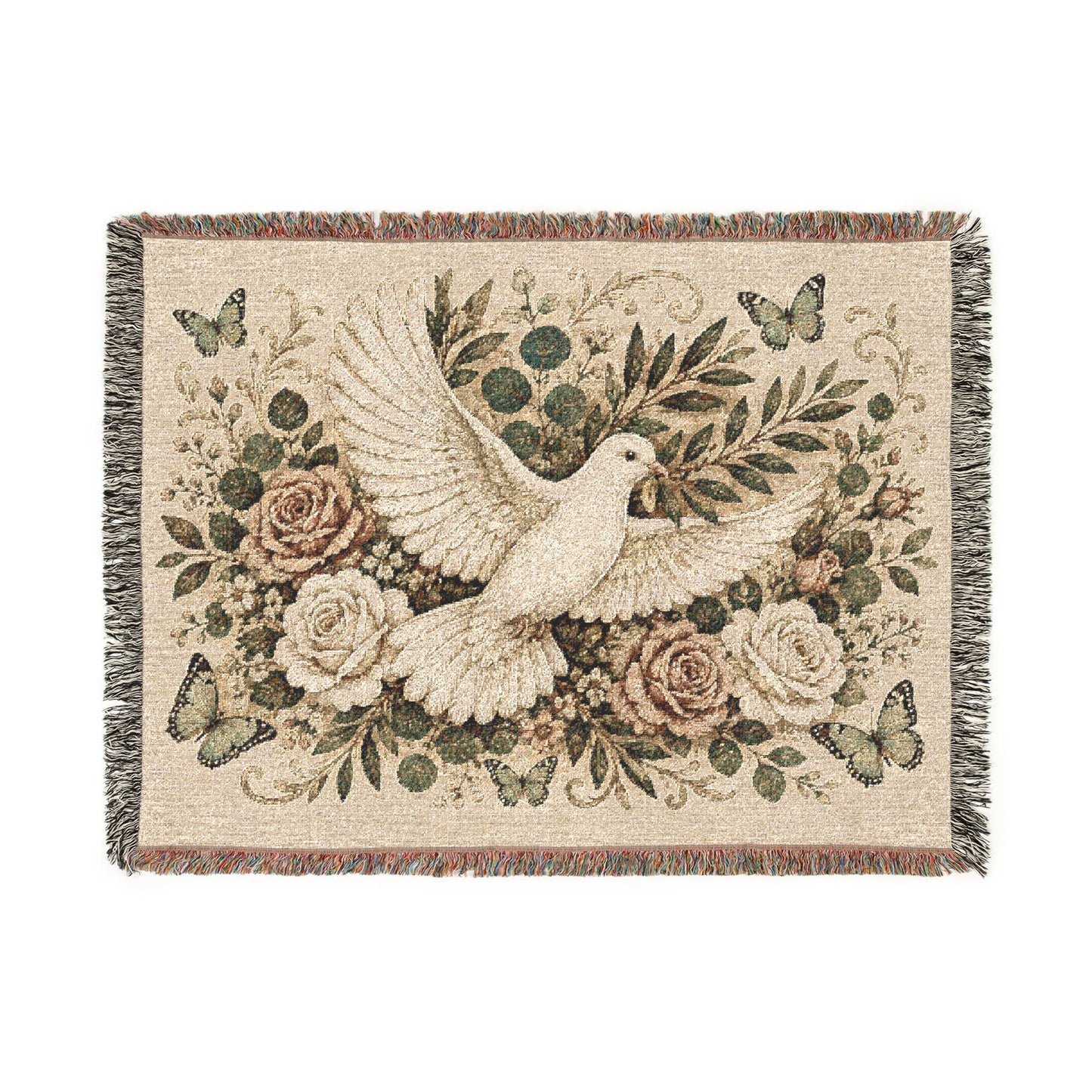 Dove Floral Woven Blanket — Decorative Throw for Living Room, Spiritual Comfort & Memorial Gift