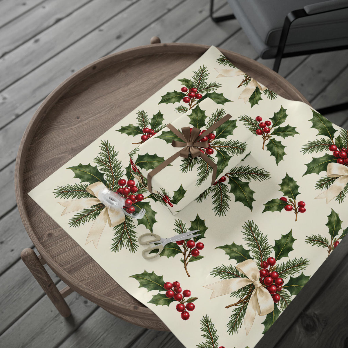 Christmas Pine & Holly Gift Wrapping Paper Roll