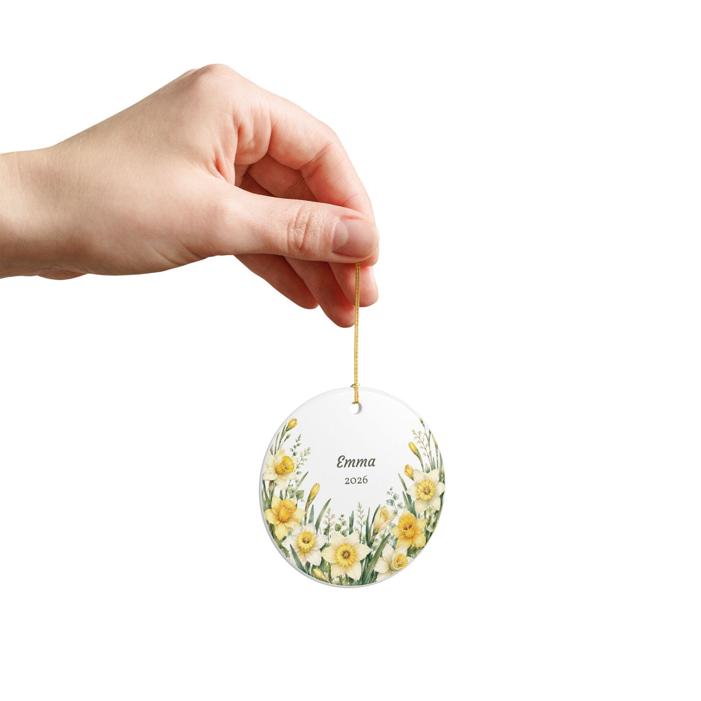 Personalized Daffodil Ceramic Ornament – Name & Year Keepsake (e.g., Emma 2026)