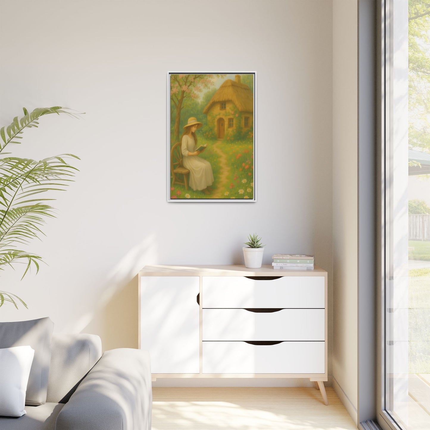 Cottage Garden Reader – Framed Matte Canvas Wall Art of Woman Reading by a Thatched Cottage