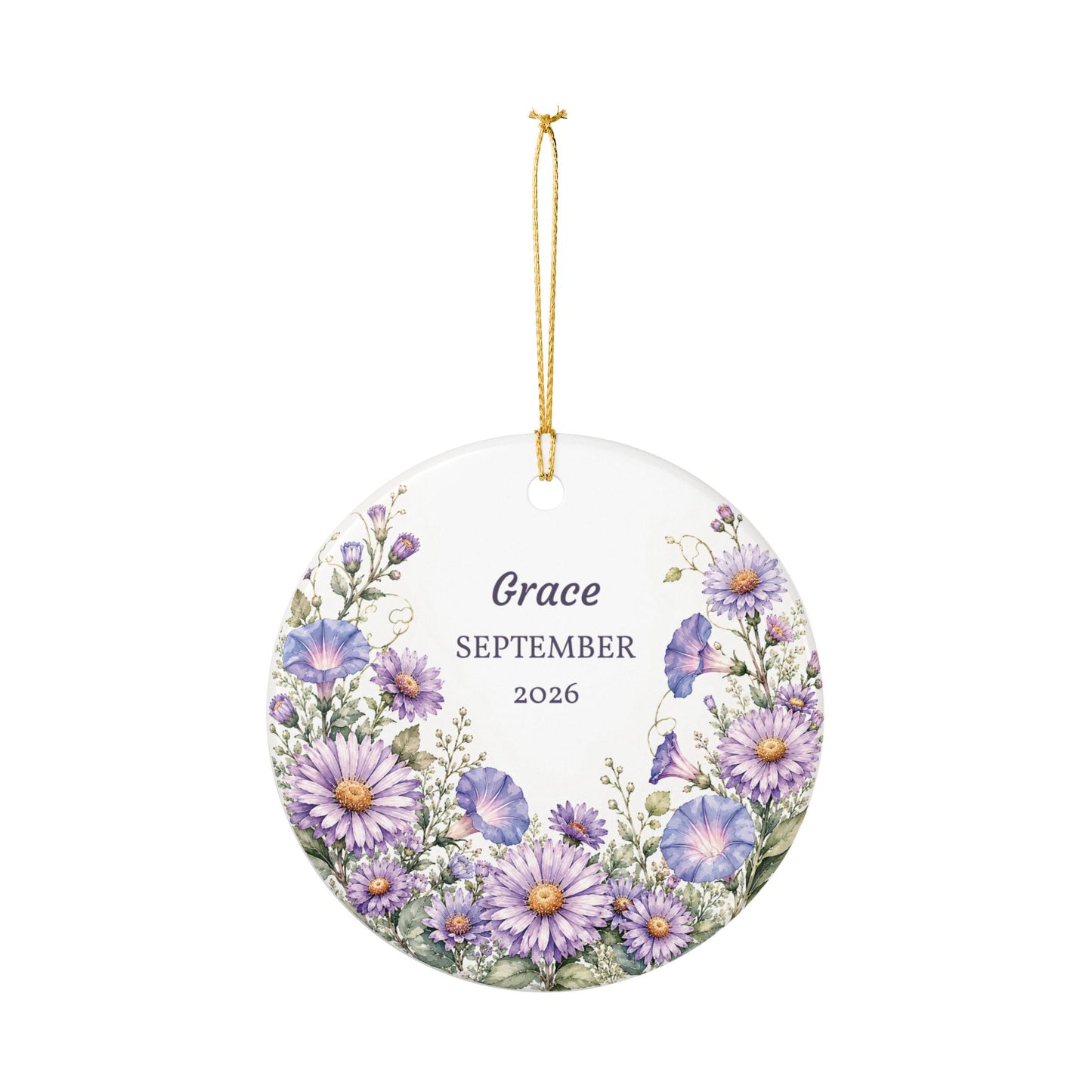 Personalized Ceramic Ornament — Purple Daisy Floral Birth/Memory Keepsake