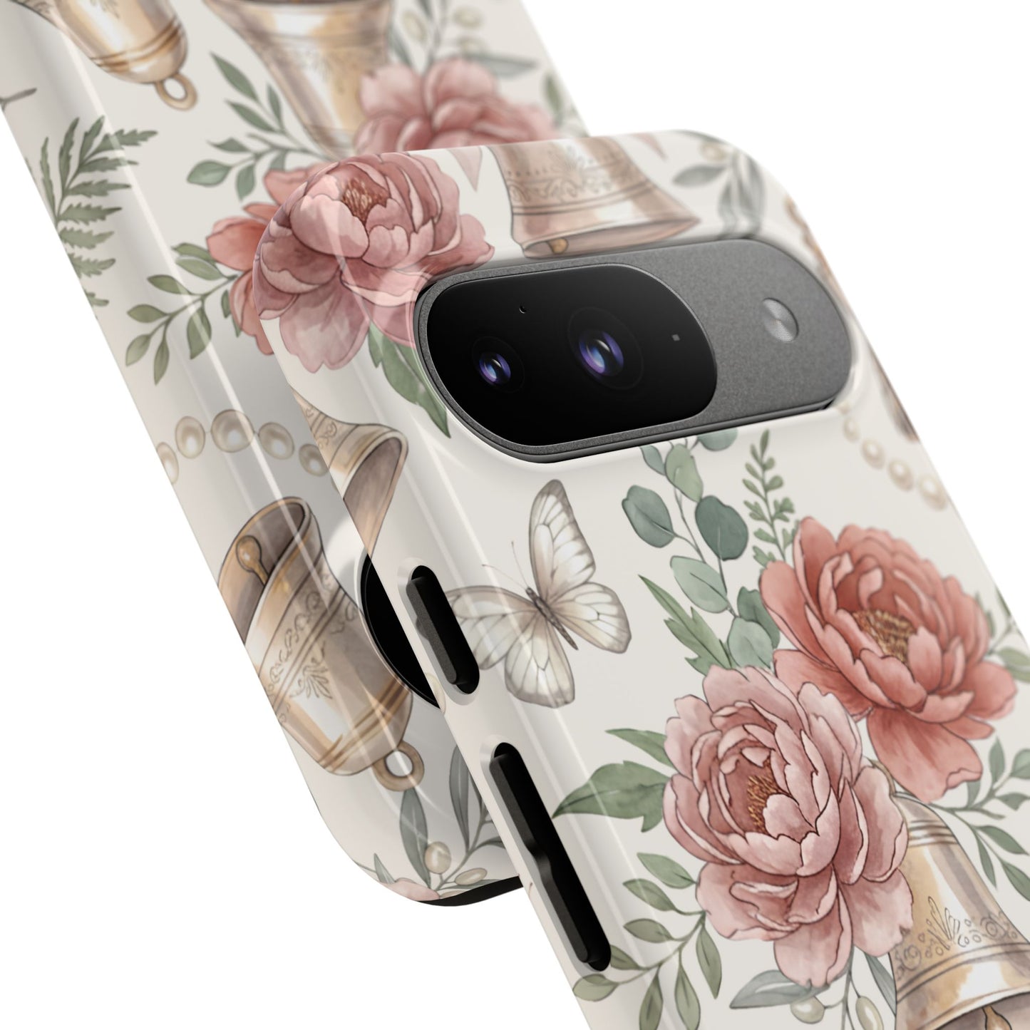 Floral Wedding Bells Phone Case — Vintage Roses, Butterflies & Bow Protective Tough Case