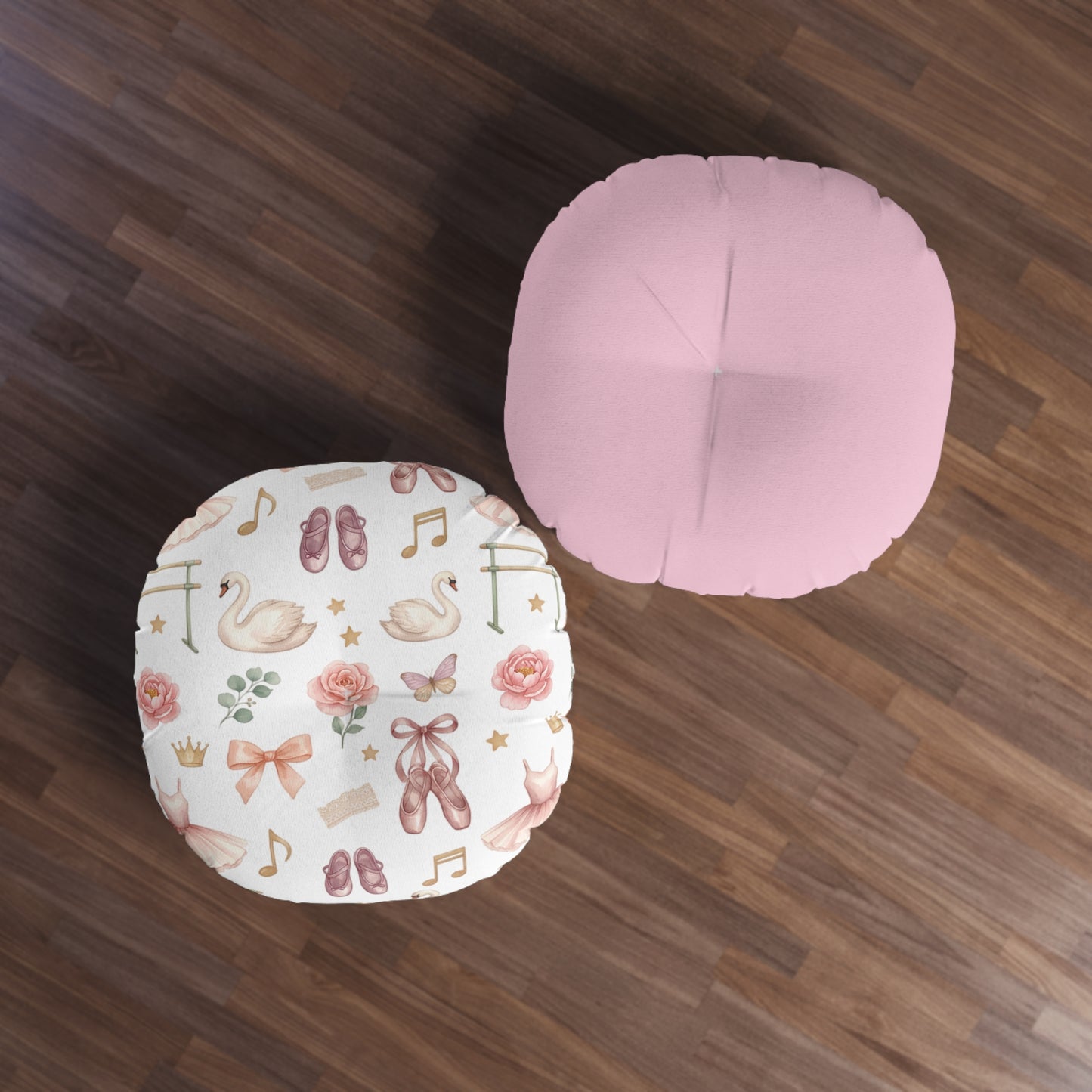 Ballet Bow Tufted Round Floor Pillow – Pink Swan Dance Pattern