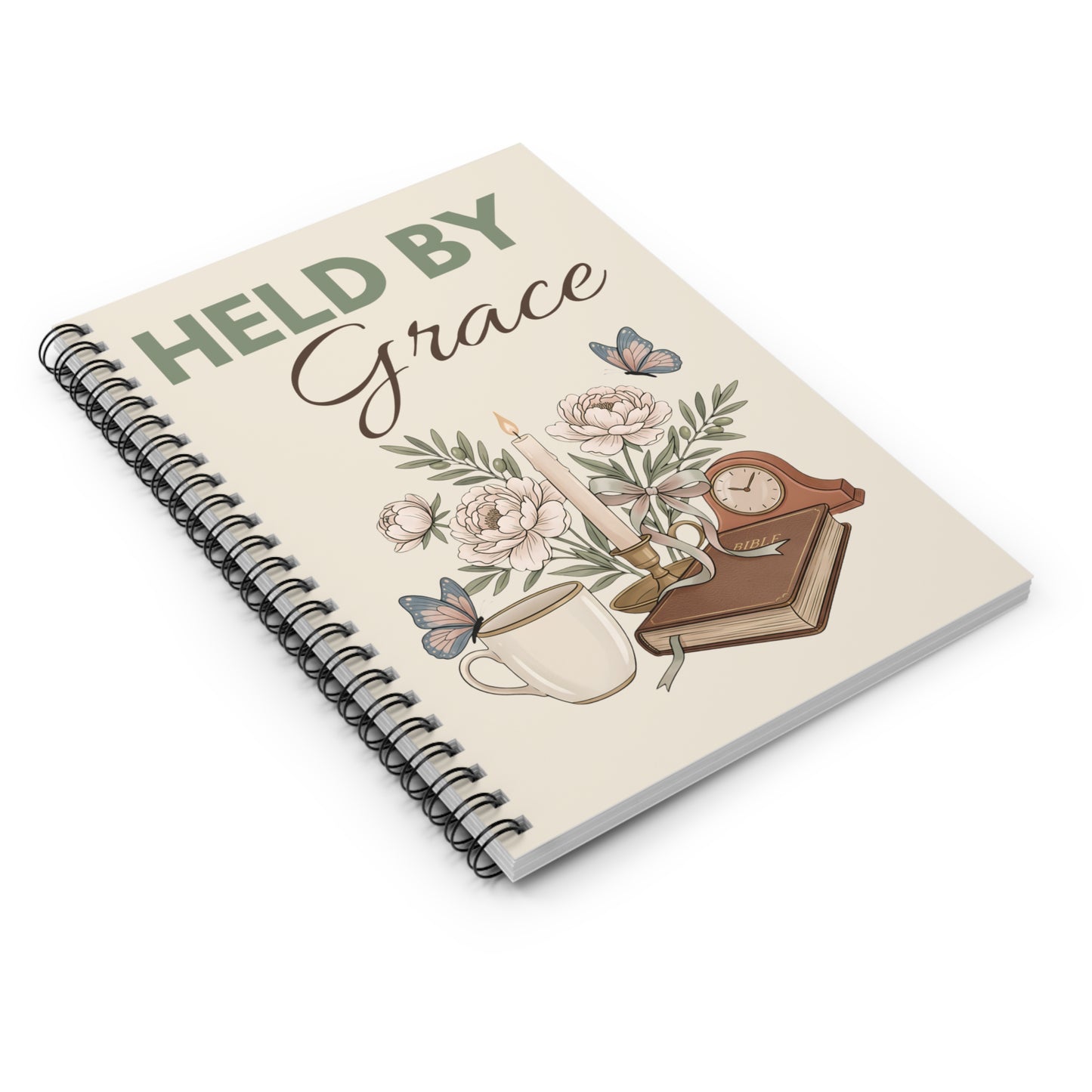 Held by Grace Spiral Notebook — Floral Faith Journal, Inspirational Ruled Notebook for Prayer, Bible Study, Gifts