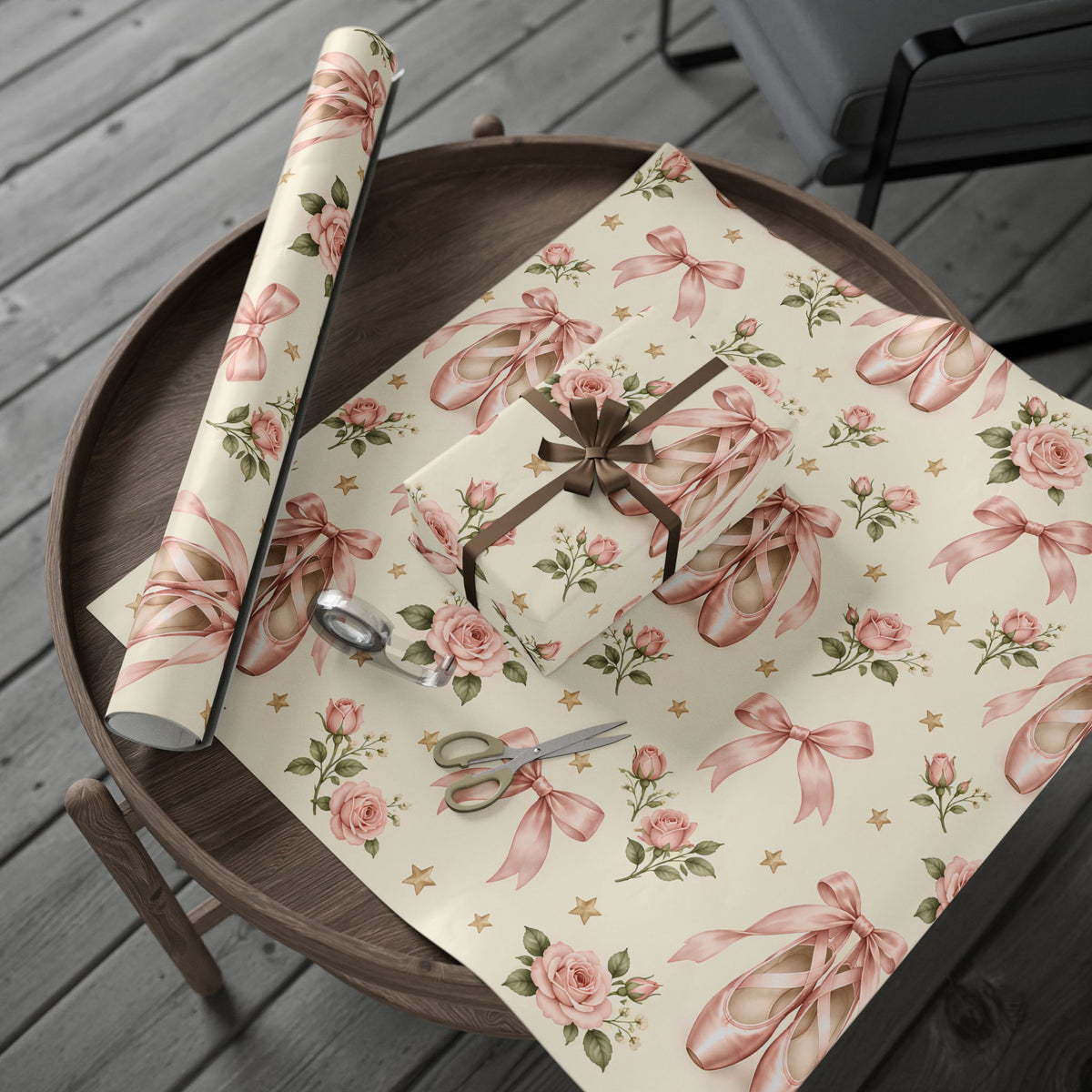 Vintage Ballet Floral Wrapping Paper Roll — Pink Shoes & Roses Gift Wrap