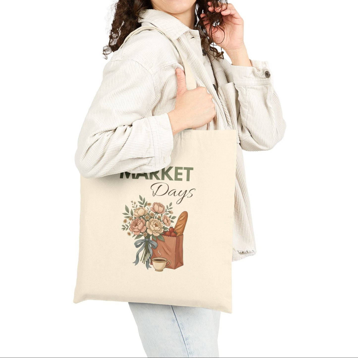 Market Days Tote Bag — Canvas Grocery & Farmers Market Shoulder Tote with Floral Bouquet Design