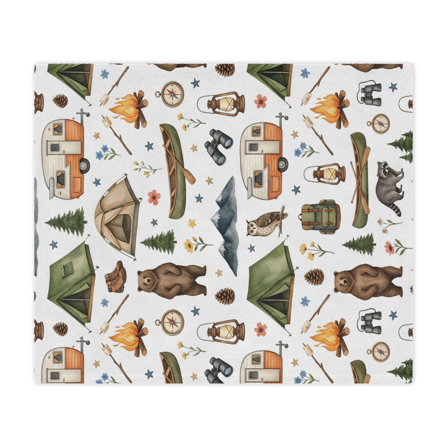 Camping Pattern Minky Blanket — Cozy Outdoor Adventure Throw with Tents, Campfire & Wildlife