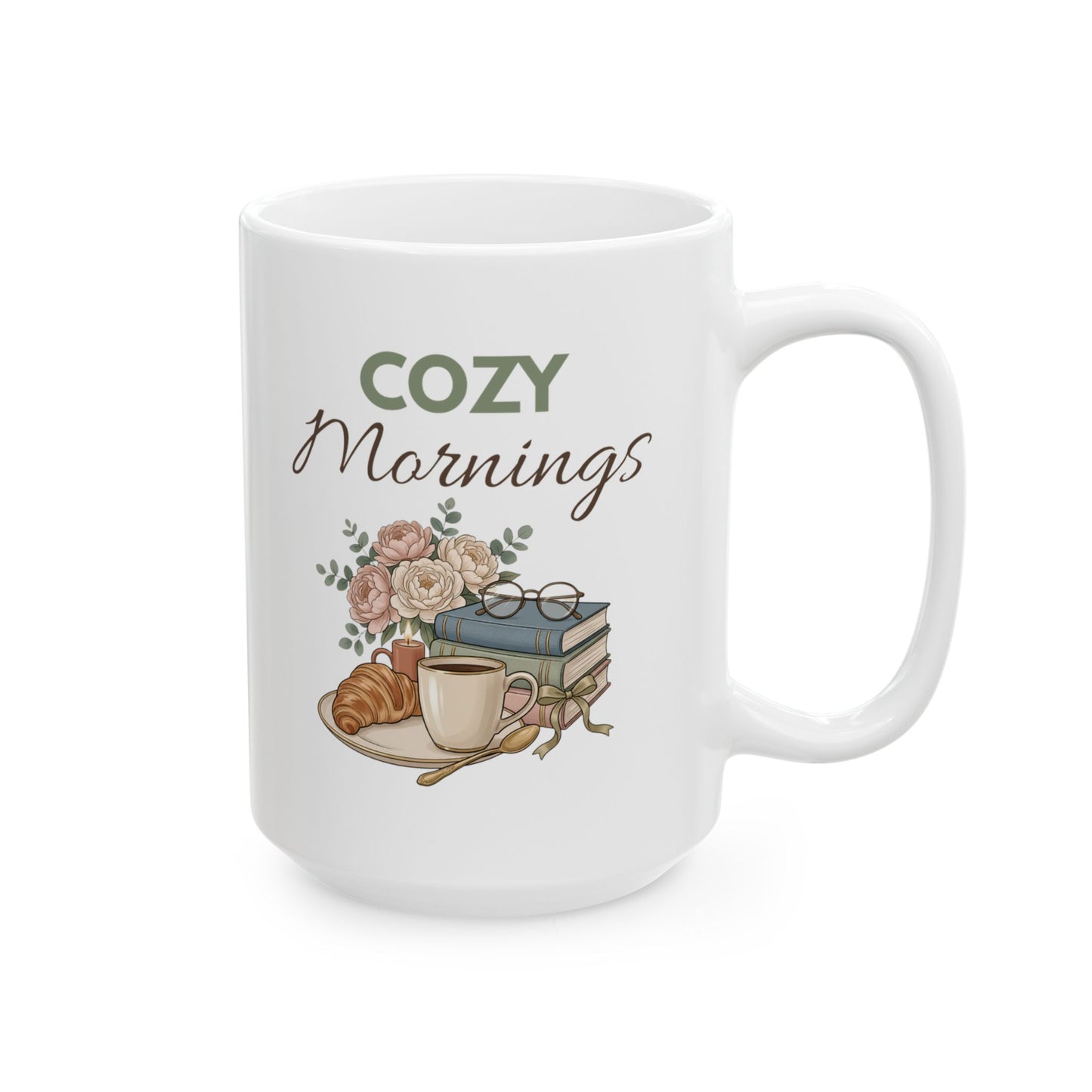Ceramic Mug - Cozy Morning Coffee Mug with Rustic Floral Illustration