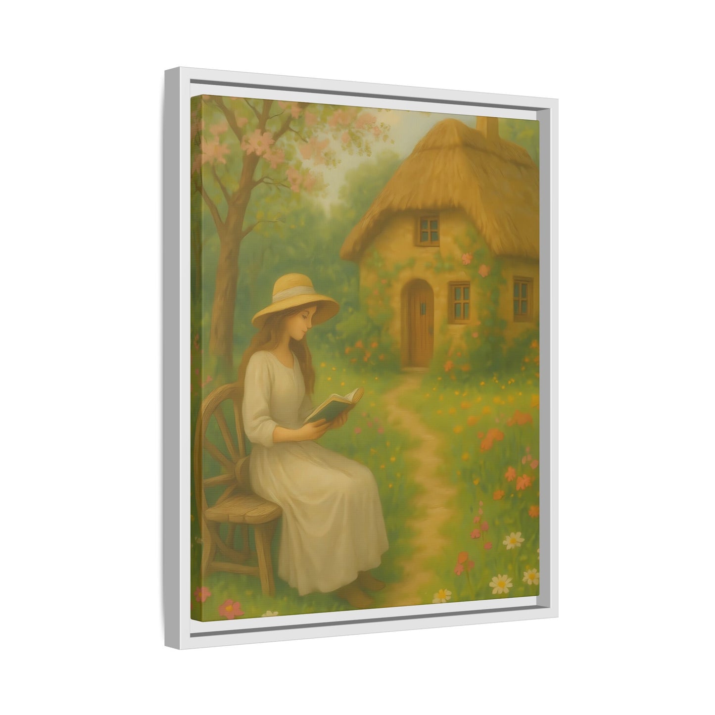 Cottage Garden Reader – Framed Matte Canvas Wall Art of Woman Reading by a Thatched Cottage