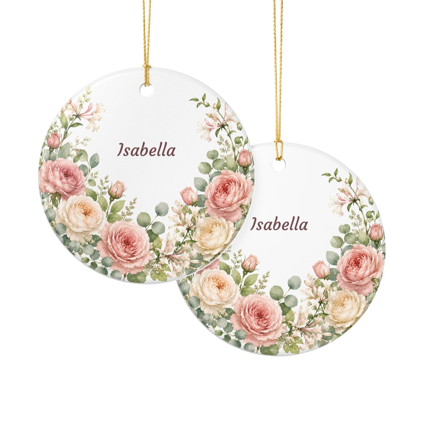 Personalized Floral Ceramic Ornament — Custom Name Rose Wreath Decoration