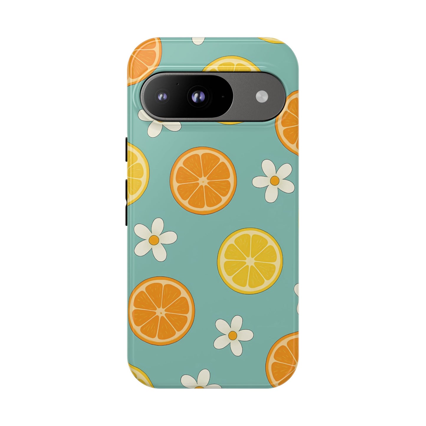Citrus Bloom Phone Case – Orange, Lemon & Daisy Pattern on Teal