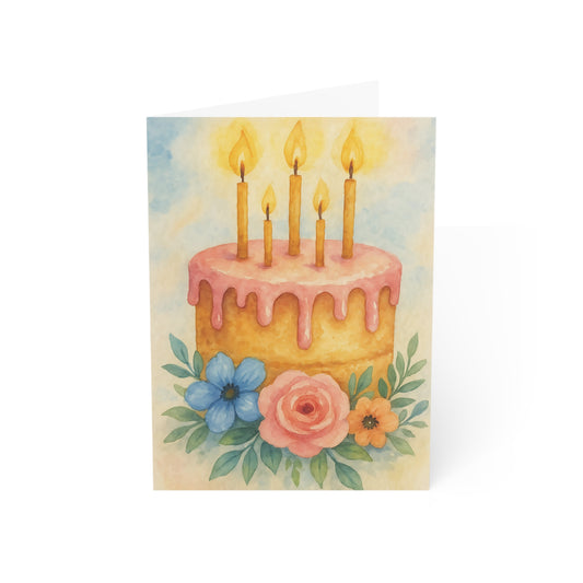 Watercolor Birthday Cake Greeting Card with Floral Accents – Blank Inside